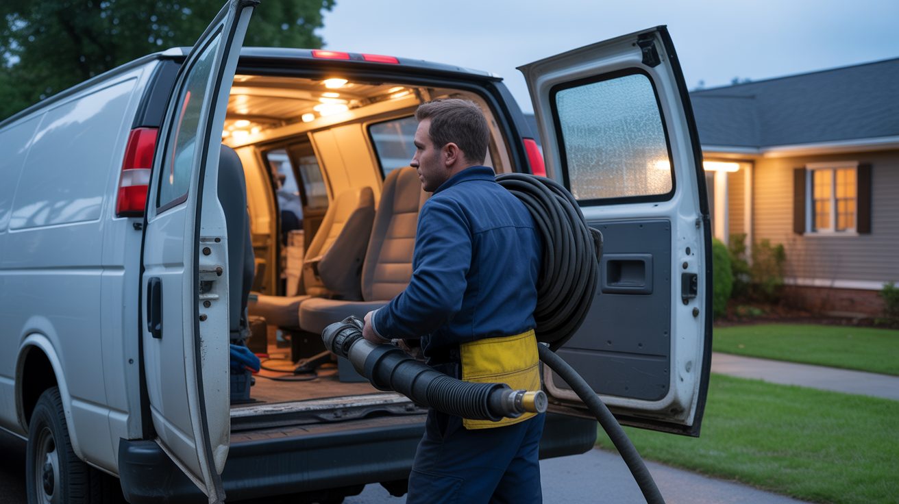 Emergency crew unloading equipment outside a Raleigh home